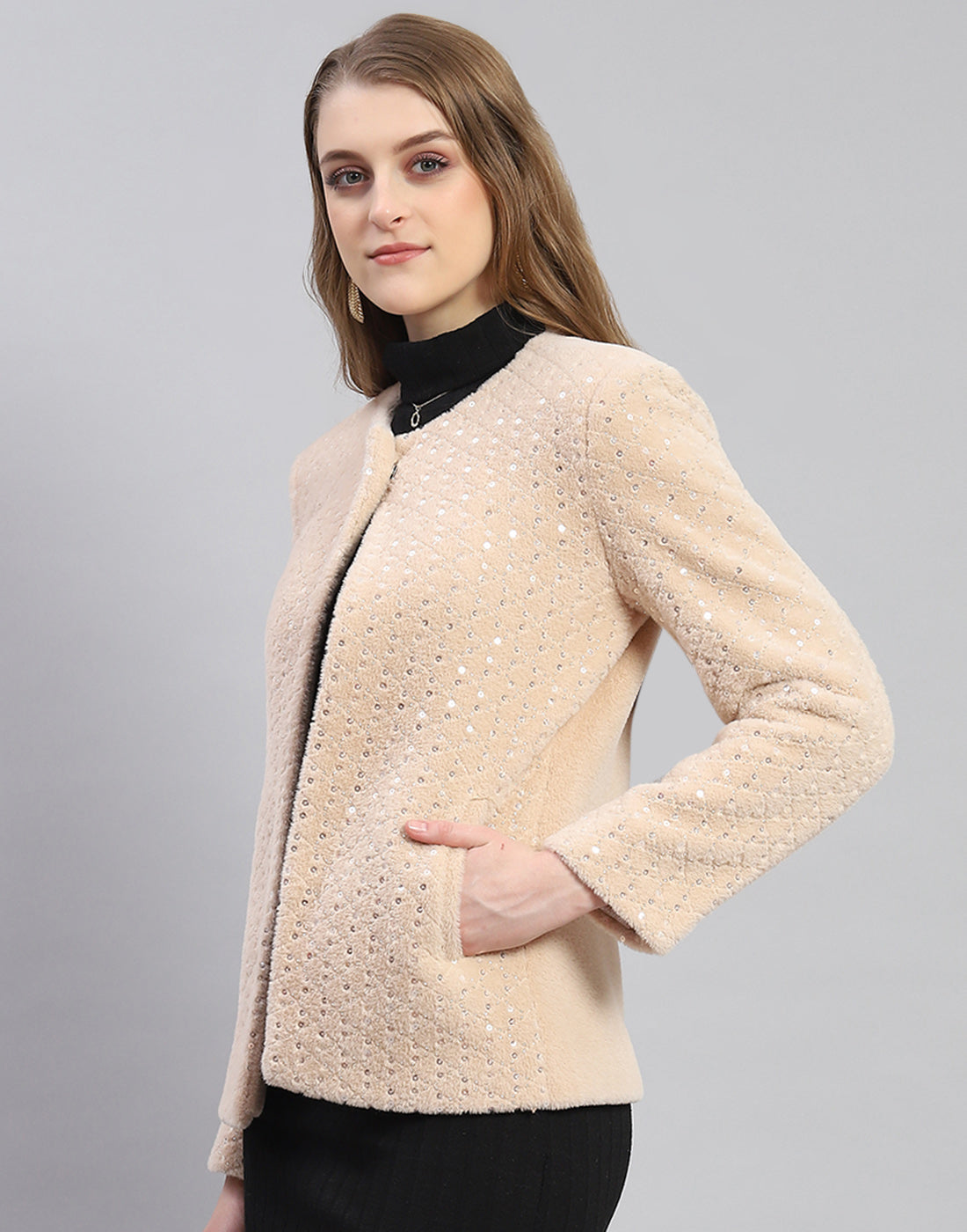 Women Beige Embellished H Neck Full Sleeve Coat