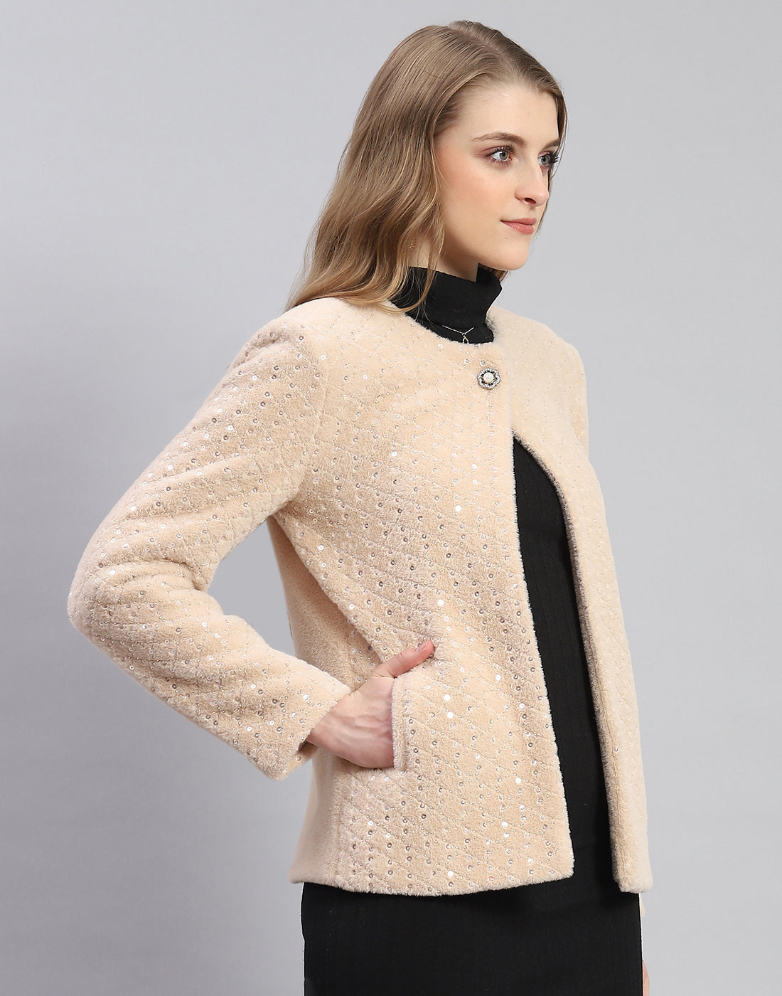 Women Beige Embellished H Neck Full Sleeve Coat