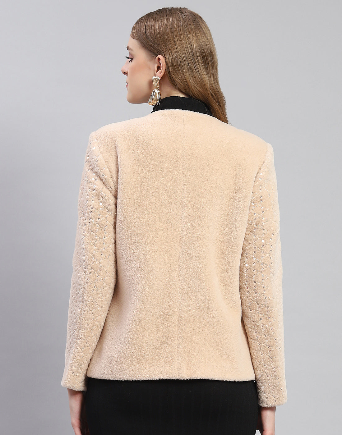 Women Beige Embellished H Neck Full Sleeve Coat