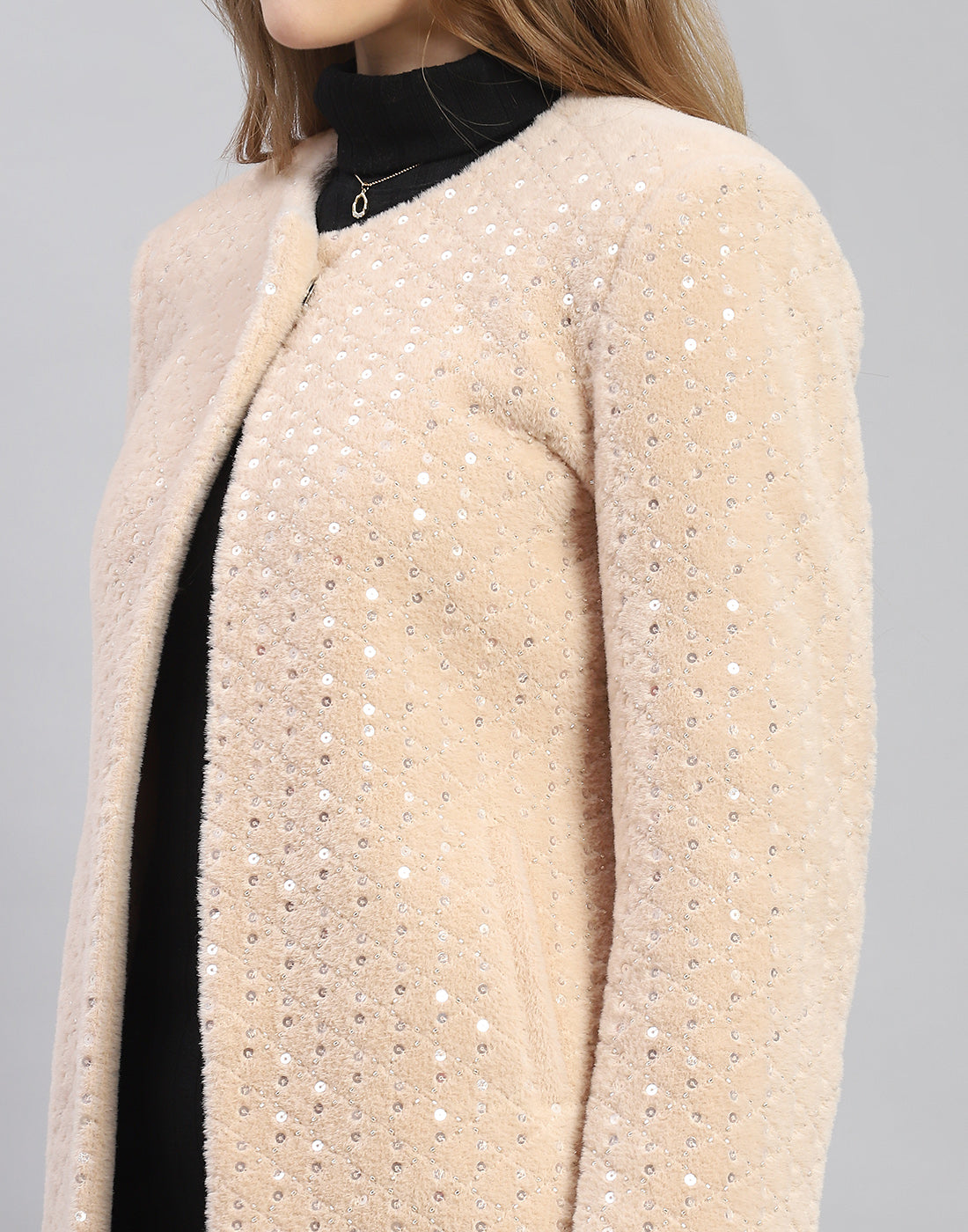 Women Beige Embellished H Neck Full Sleeve Coat