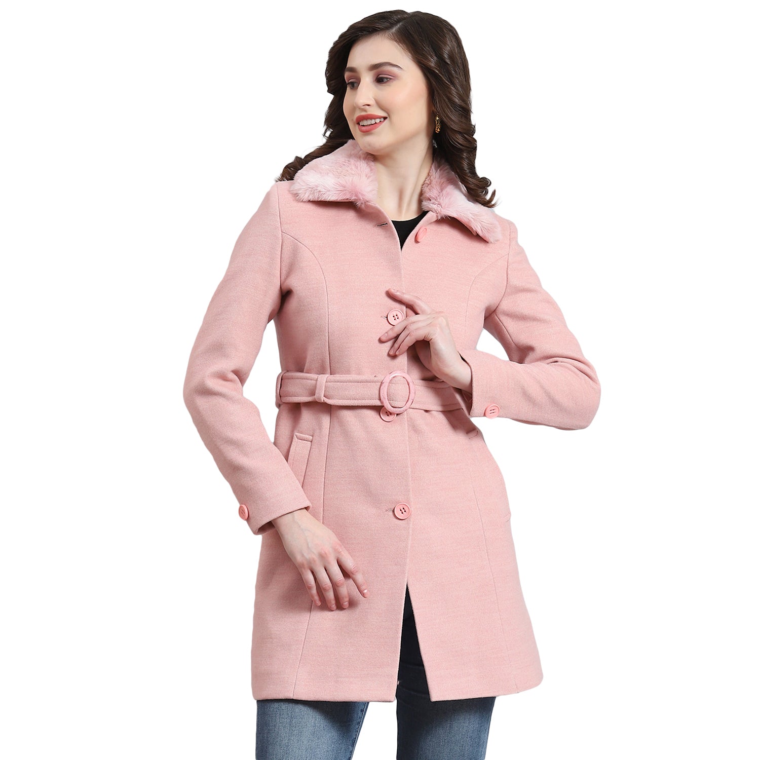 Women Pink Solid Collar Full Sleeve Coat