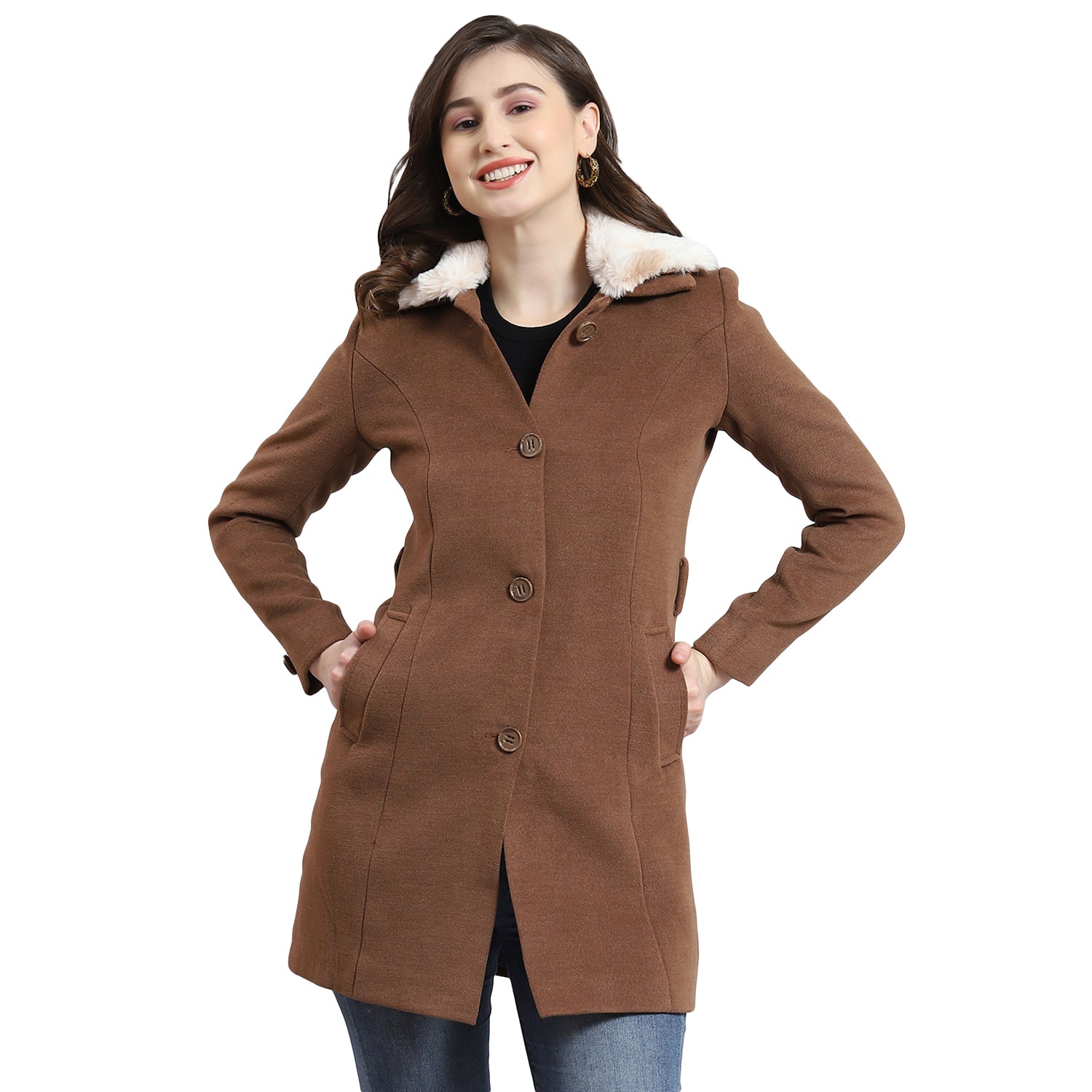 Women Brown Solid Collar Full Sleeve Coat