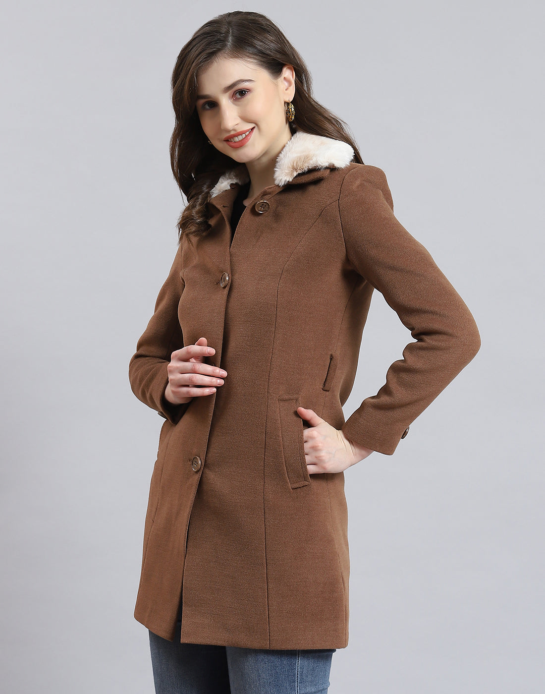 Women Brown Solid Collar Full Sleeve Coat