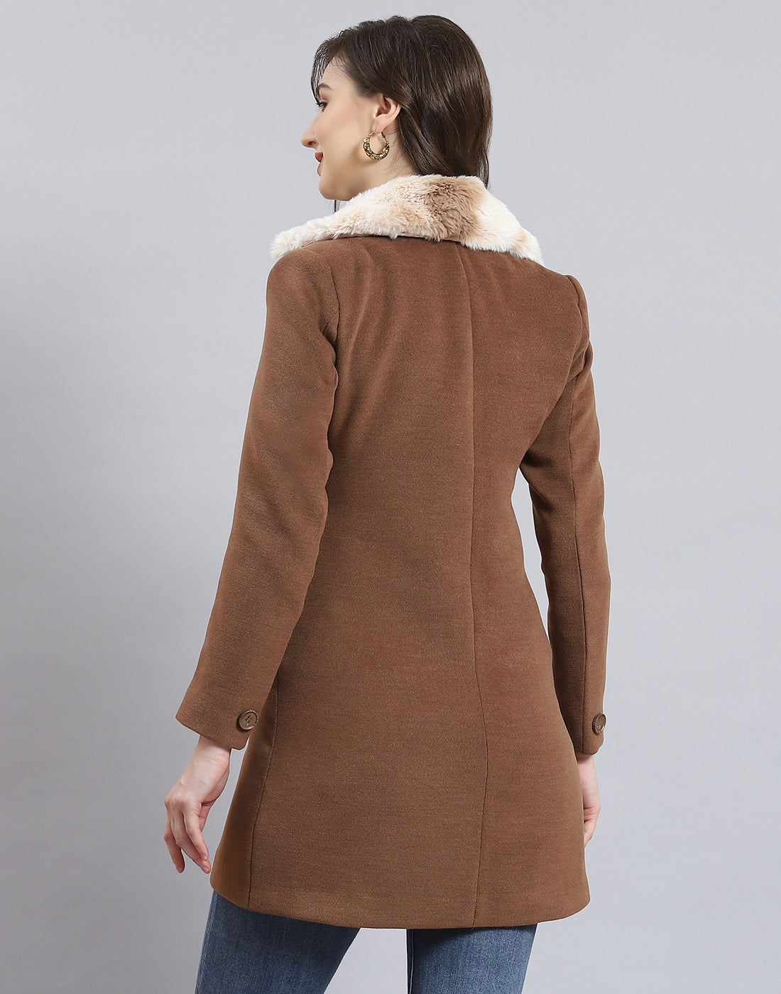 Women Brown Solid Collar Full Sleeve Coat