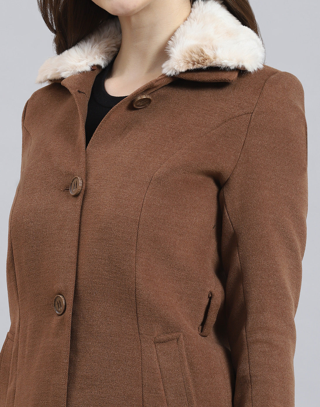 Women Brown Solid Collar Full Sleeve Coat