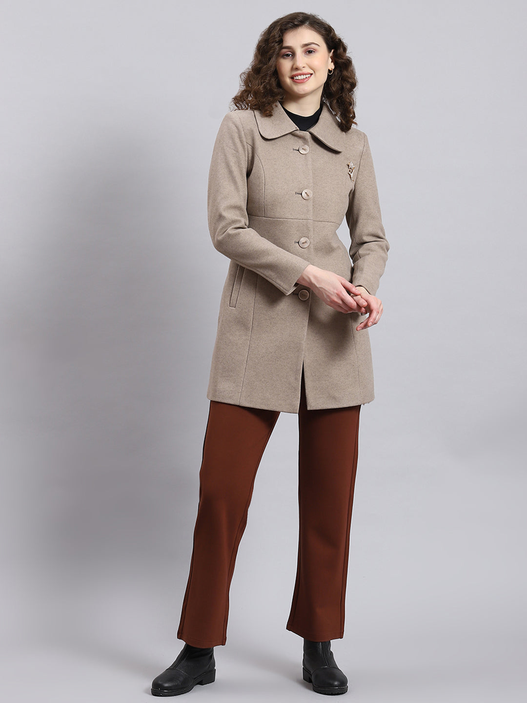 Women Brown Solid Collar Full Sleeve Coat