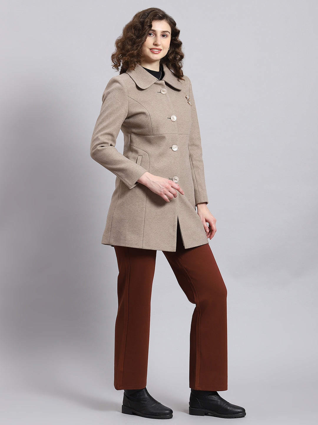 Women Brown Solid Collar Full Sleeve Coat