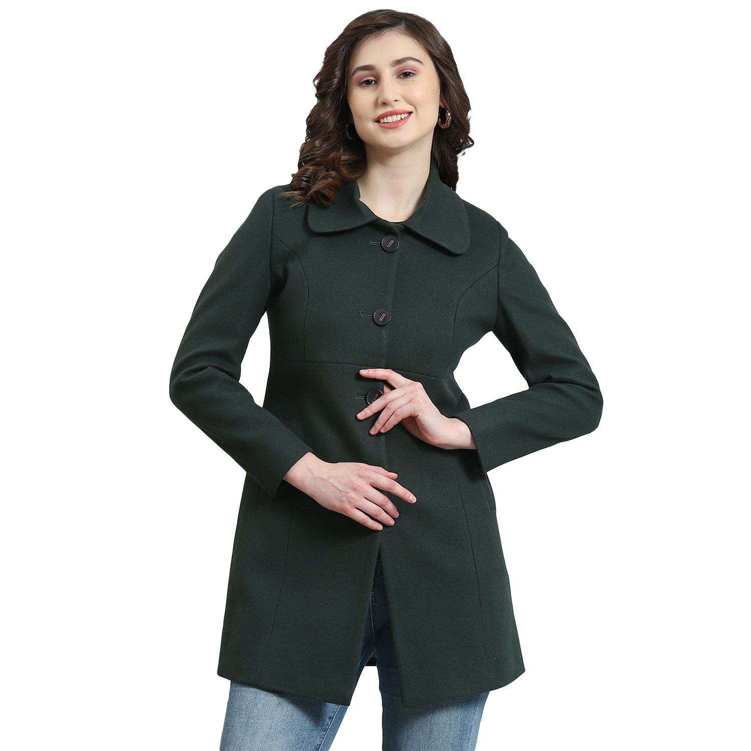 Women Green Solid Collar Full Sleeve Coat