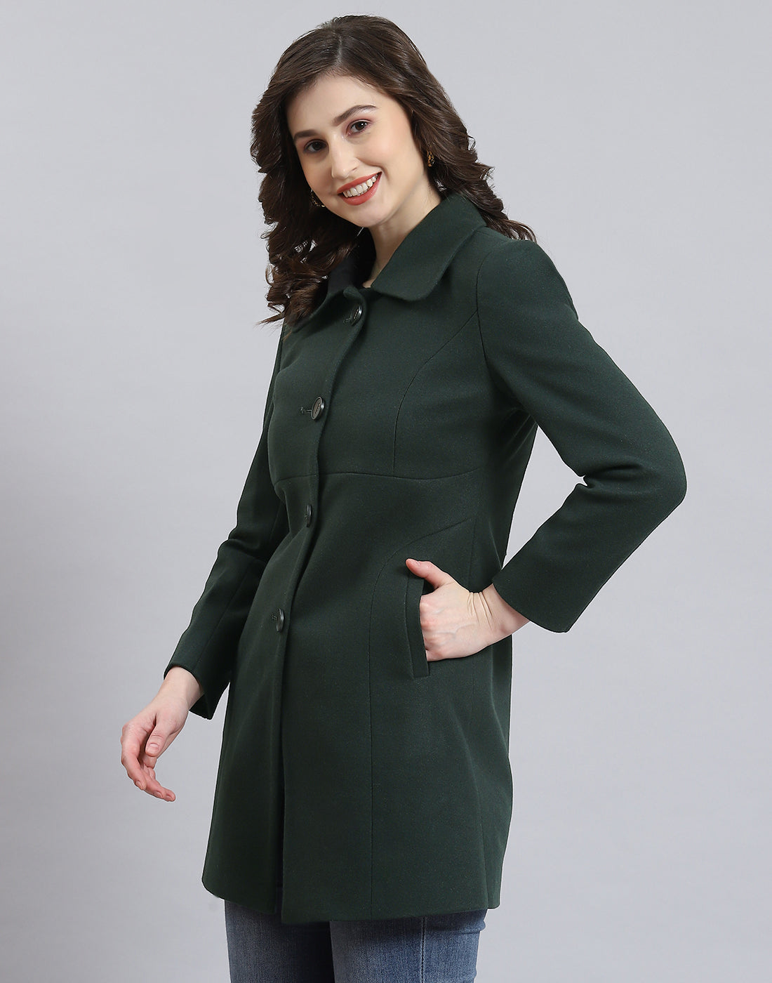 Women Green Solid Collar Full Sleeve Coat