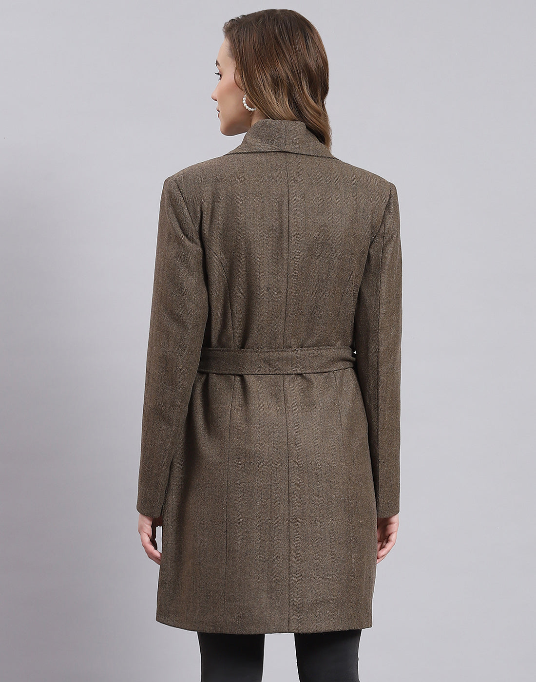 Women Brown Solid Lapel Collar Full Sleeve Coat