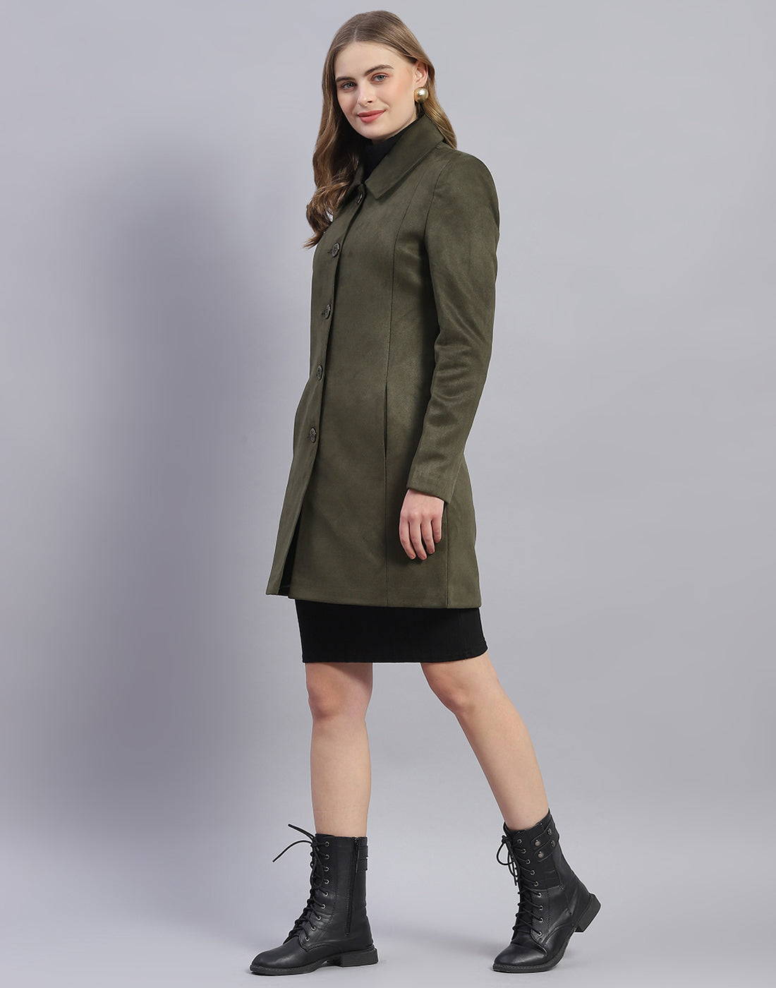 Women Olive Solid Collar Full Sleeve Coat