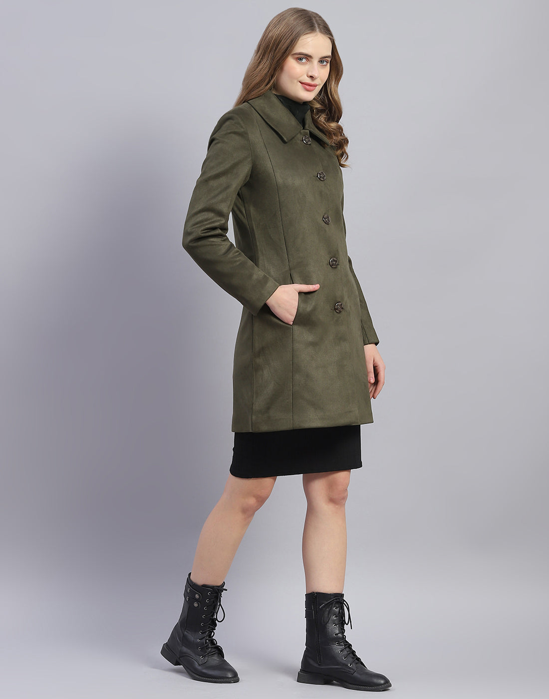 Women Olive Solid Collar Full Sleeve Coat