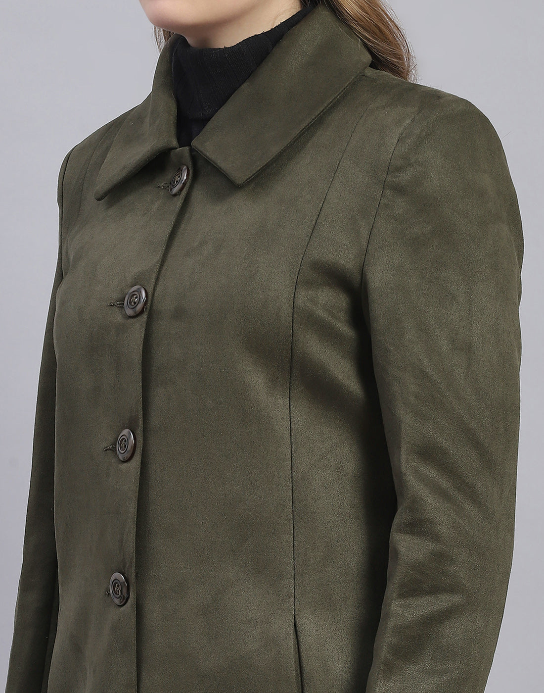 Women Olive Solid Collar Full Sleeve Coat