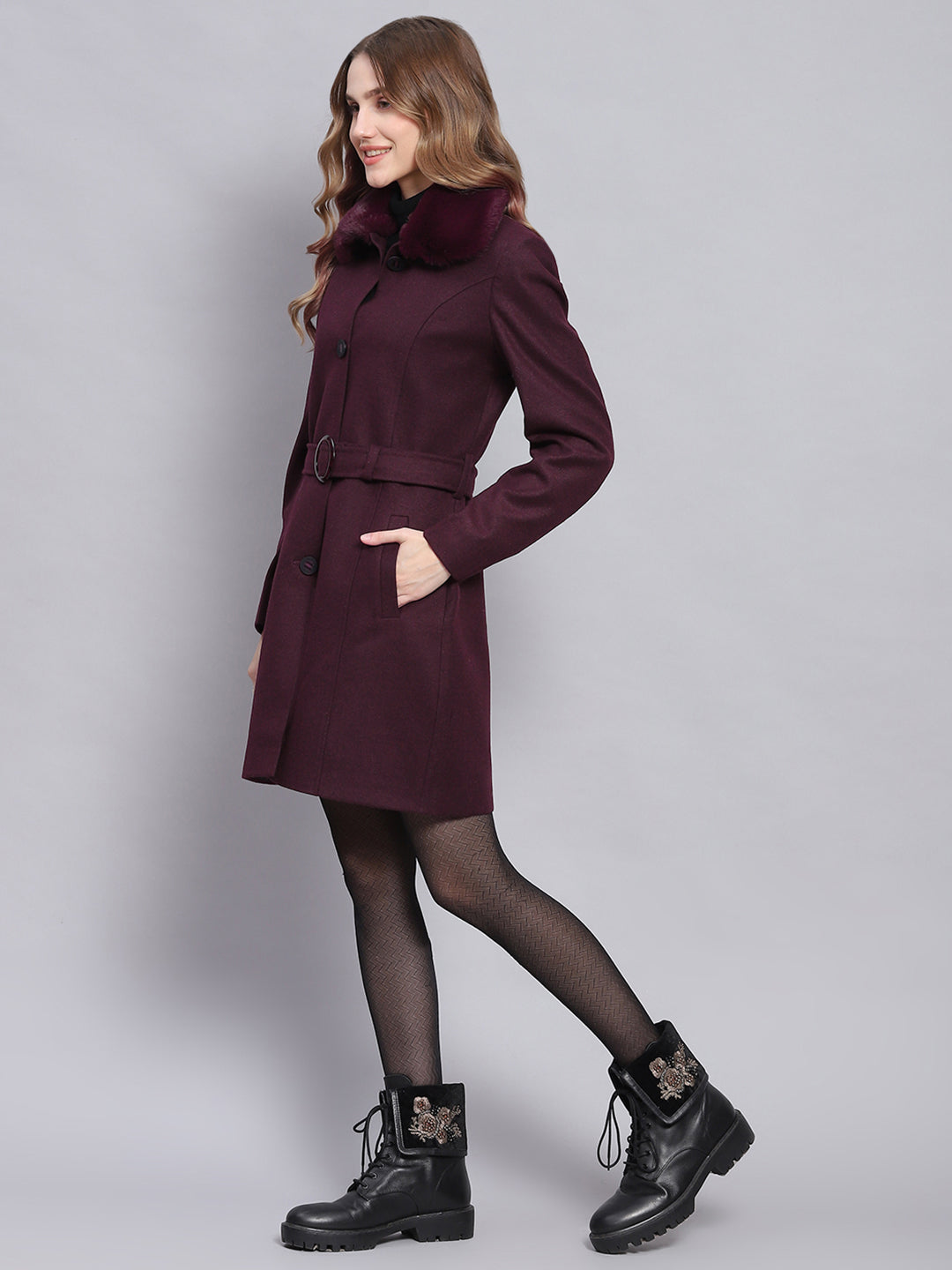 Women Maroon Solid Collar Full Sleeve Coats