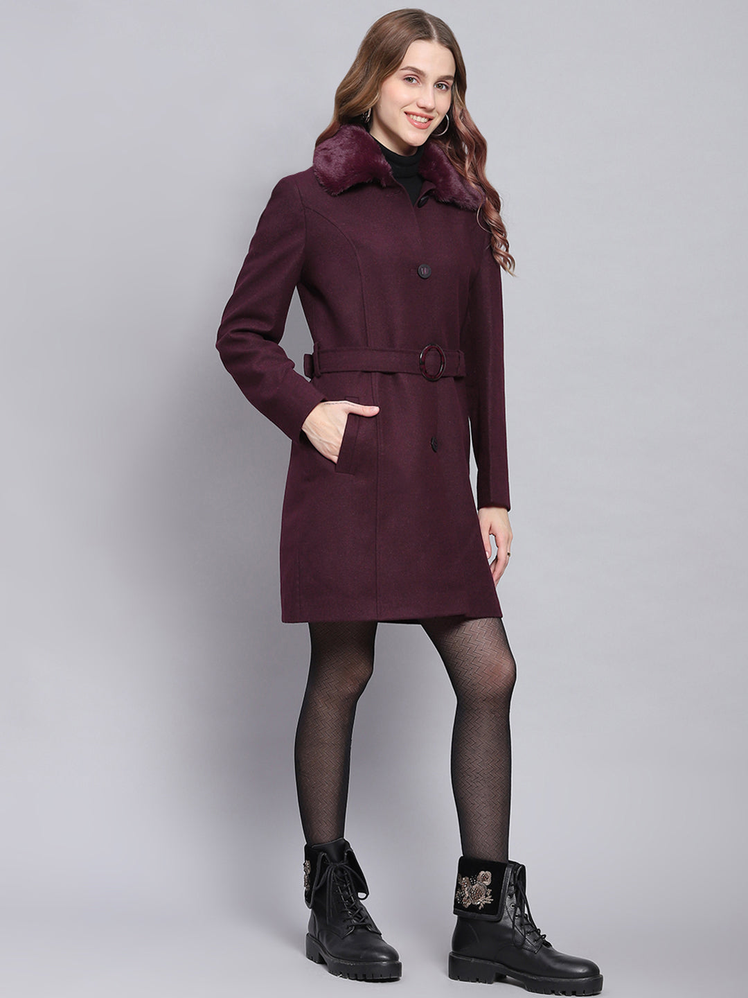 Women Maroon Solid Collar Full Sleeve Coats