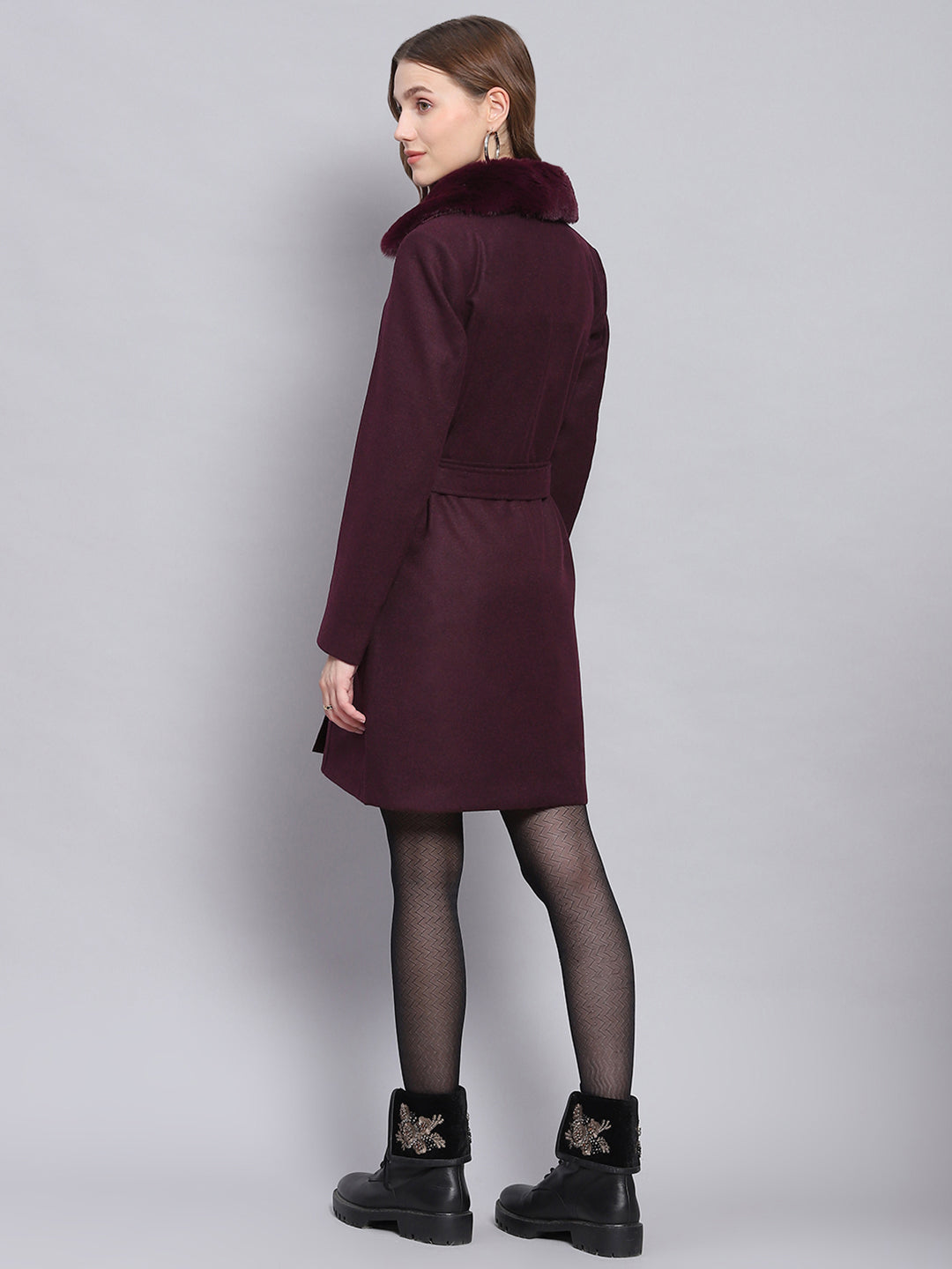 Women Maroon Solid Collar Full Sleeve Coats