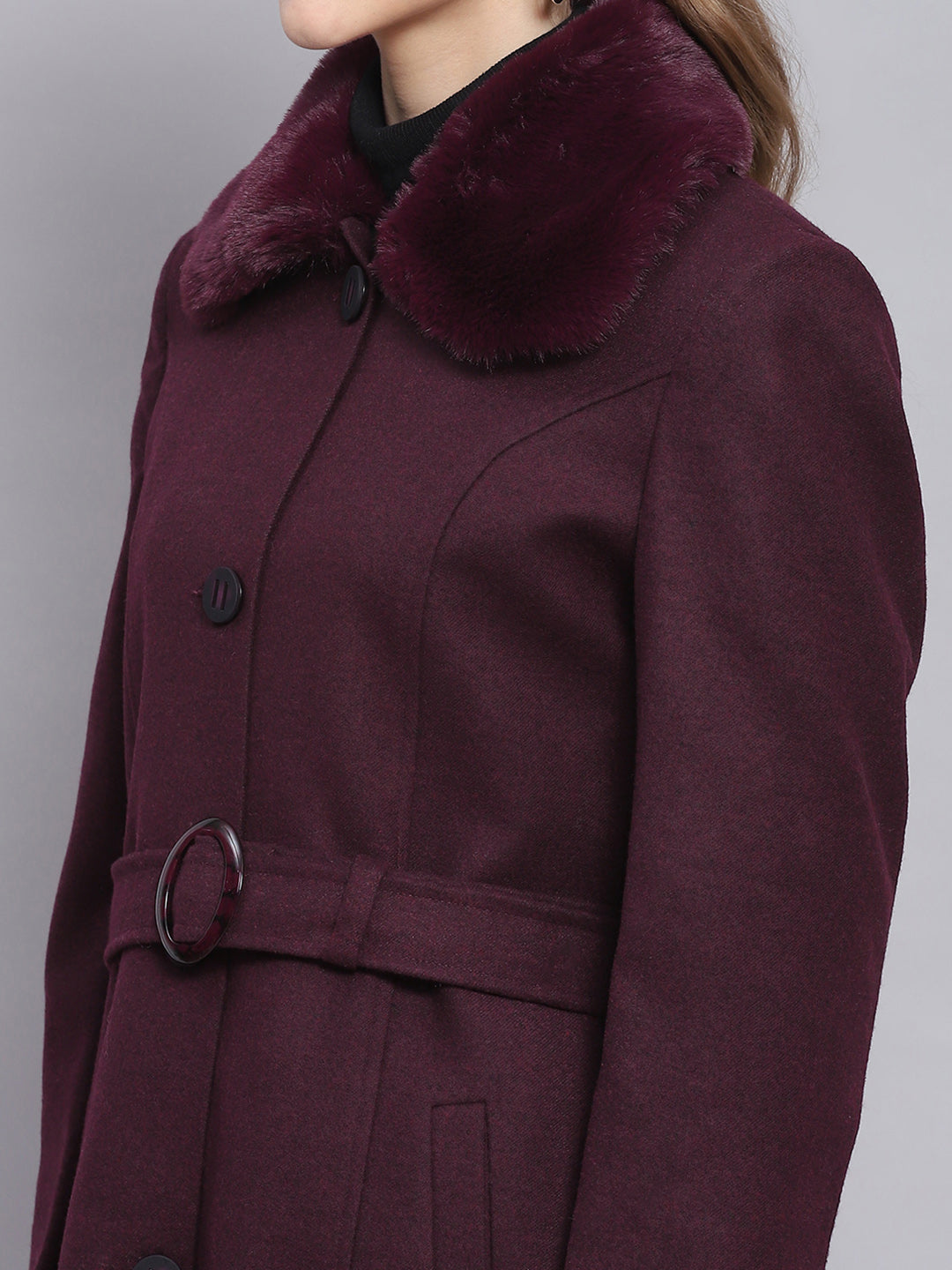 Women Maroon Solid Collar Full Sleeve Coats