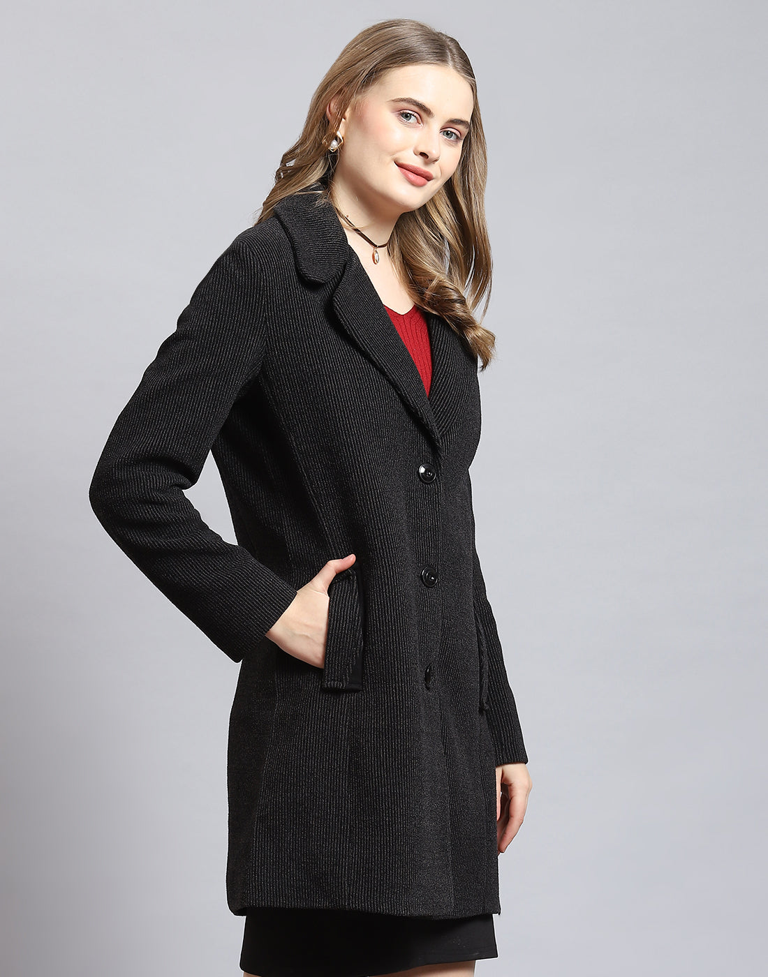 Women Black Stripe Lapel Collar Full Sleeve Coat