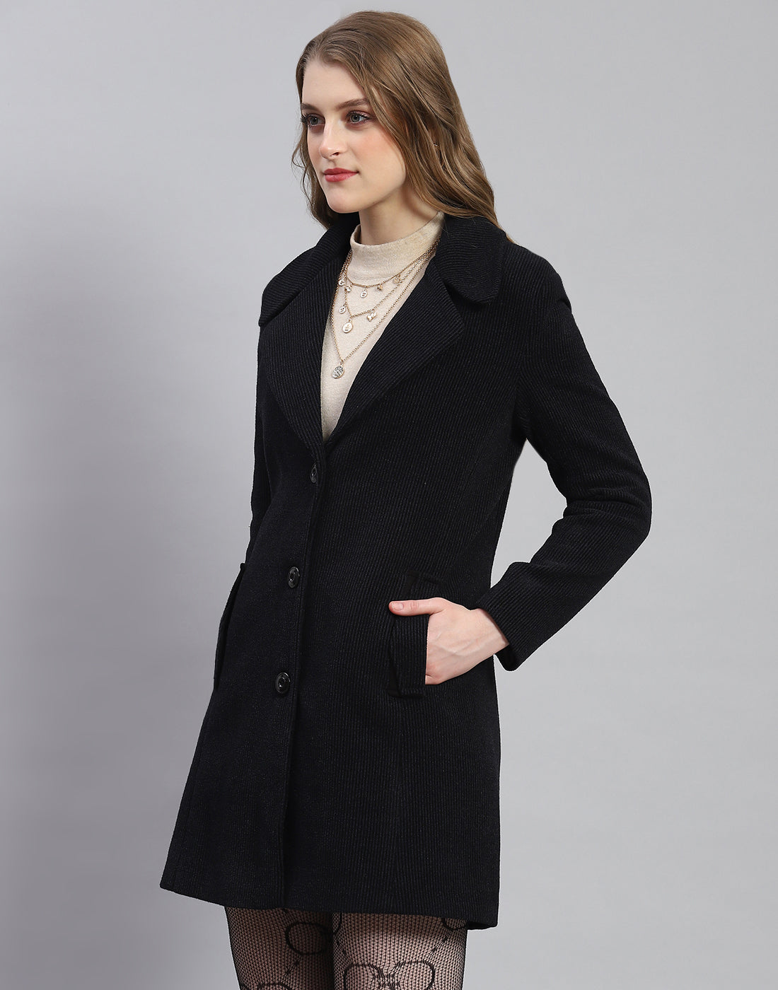 Women Navy Blue Stripe Lapel Collar Full Sleeve Coat