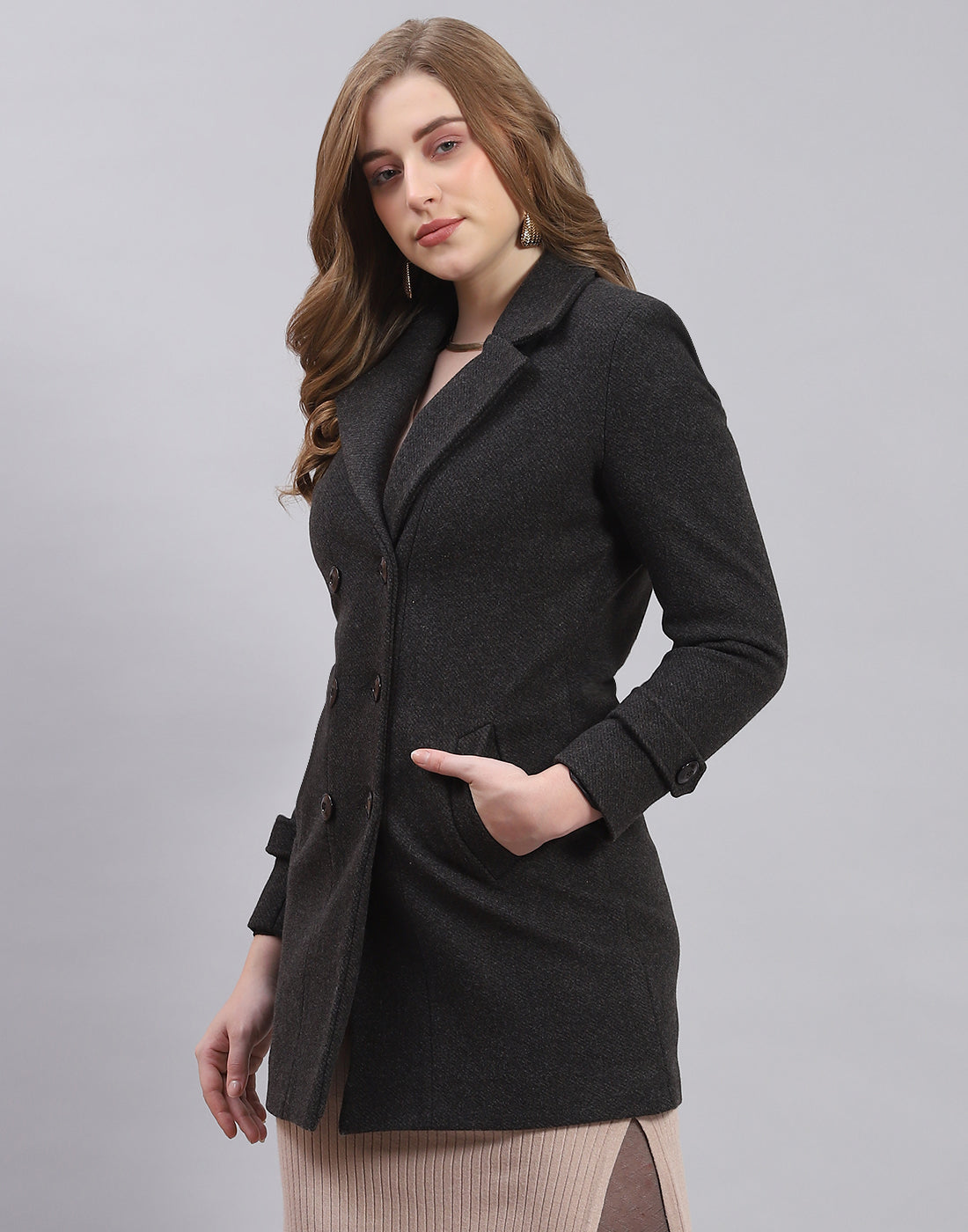 Women Black Solid Lapel Collar Full Sleeve Coat