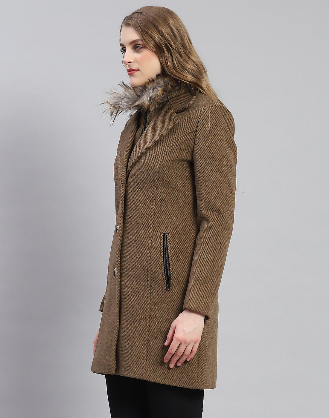 Women Khaki Solid Lapel Collar Full Sleeve Coat