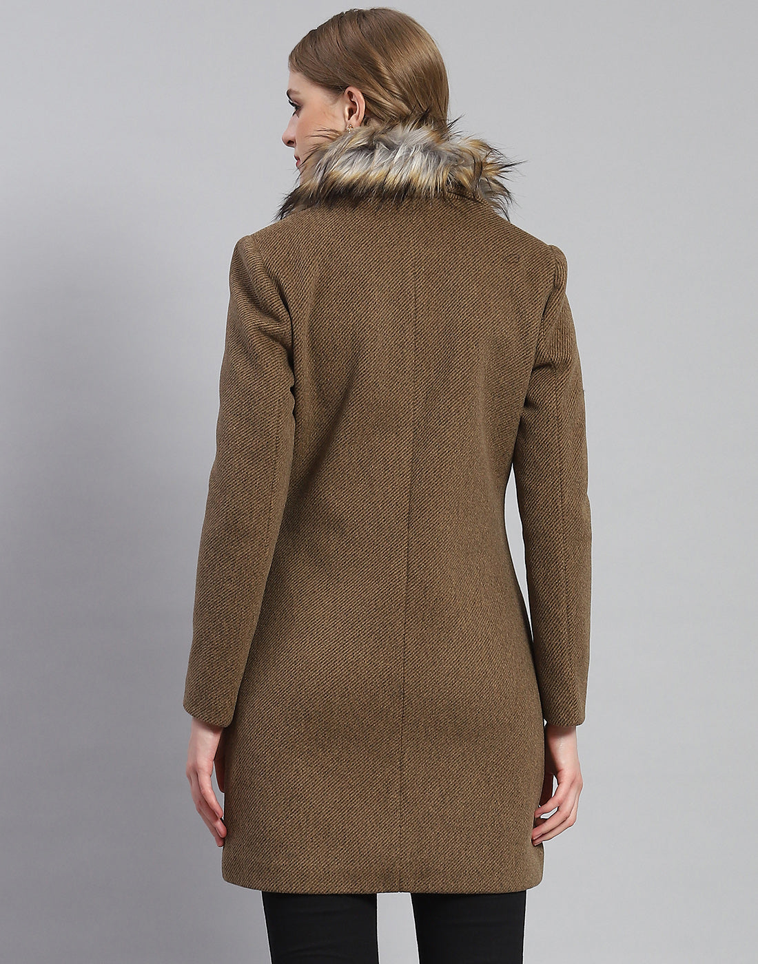 Women Khaki Solid Lapel Collar Full Sleeve Coat