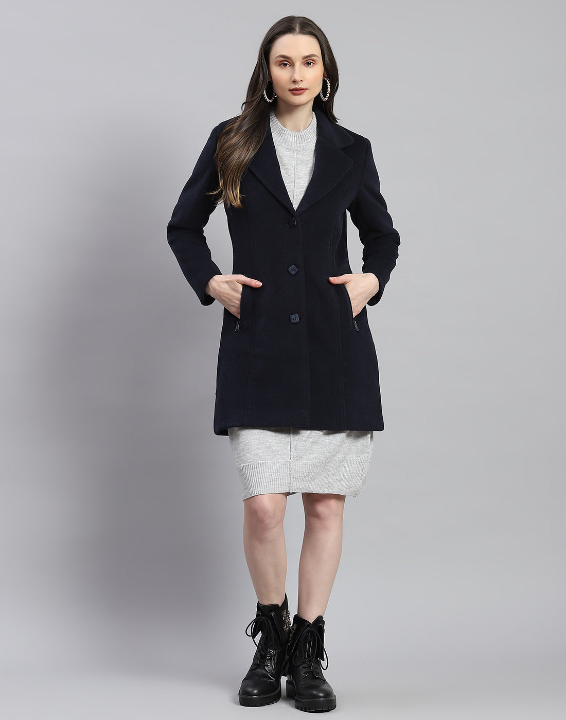 Women Navy Blue Self Design Lapel Collar Full Sleeve Coat