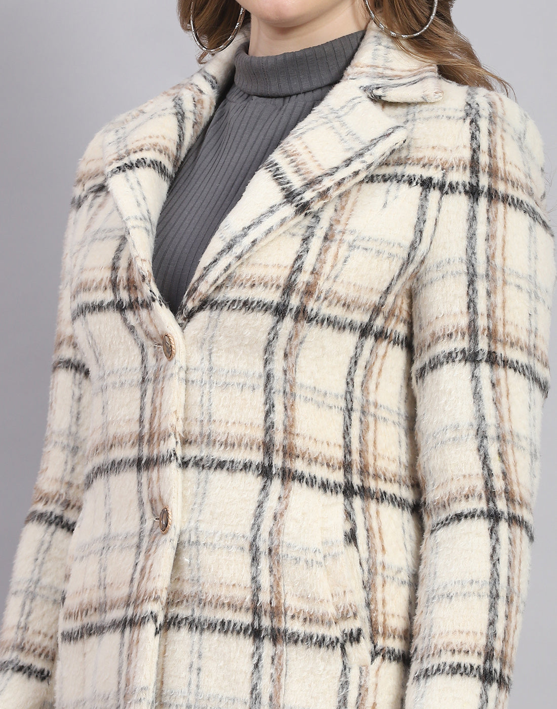 Women Cream Check Lapel Collar Full Sleeve Coat