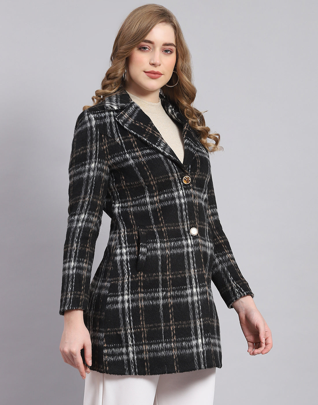 Women Black Check Lapel Collar Full Sleeve Coat