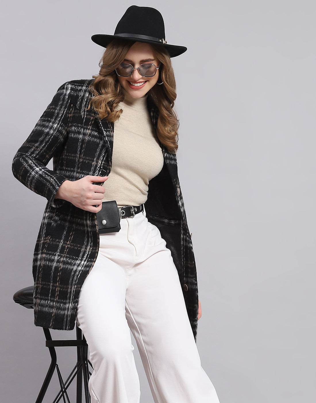 Women Black Check Lapel Collar Full Sleeve Coat