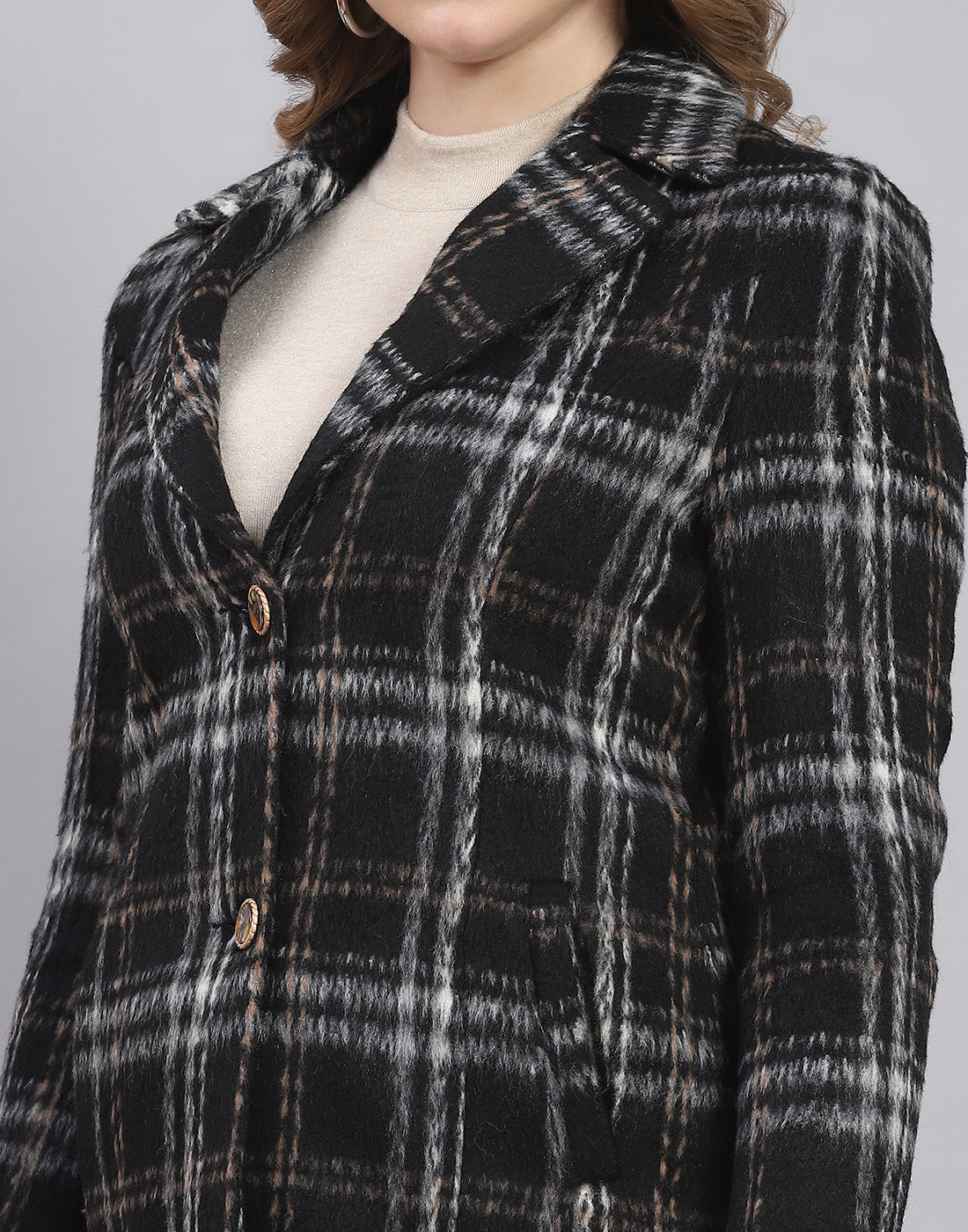 Women Black Check Lapel Collar Full Sleeve Coat