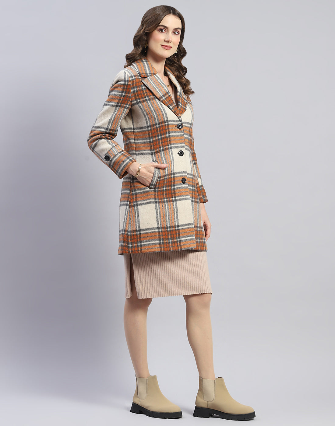 Women Rust Check Lapel Collar Full Sleeve Coat