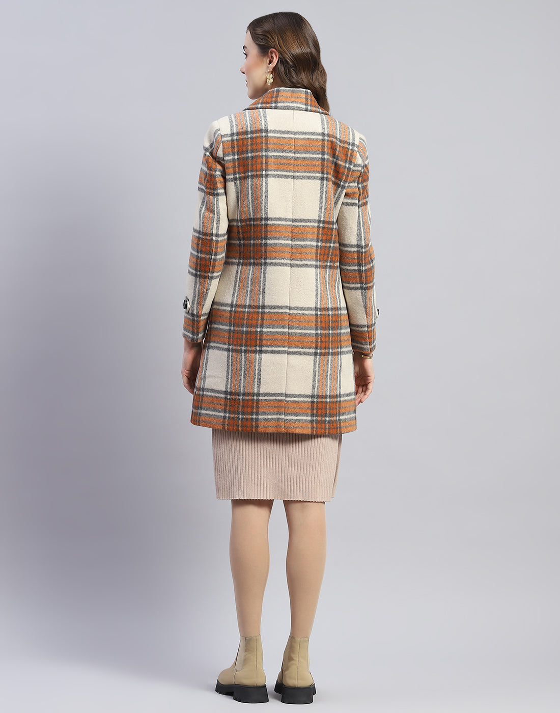 Women Rust Check Lapel Collar Full Sleeve Coat