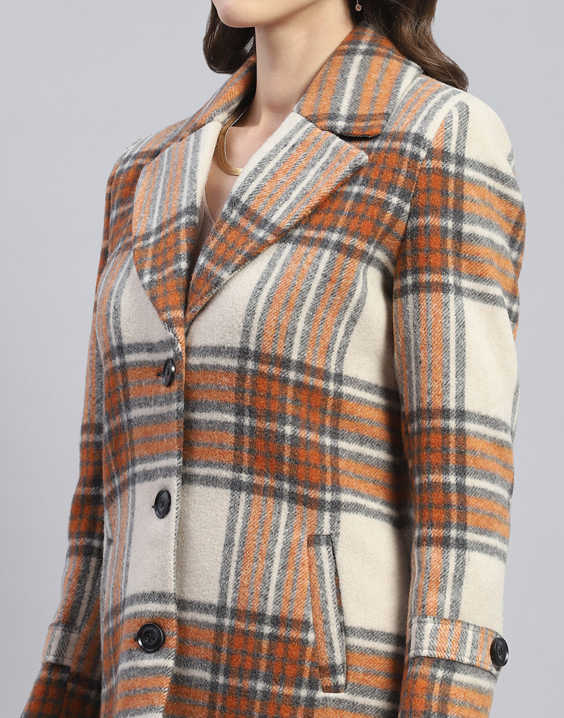 Women Rust Check Lapel Collar Full Sleeve Coat