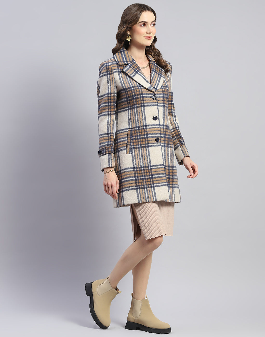 Women Brown Check Lapel Collar Full Sleeve Coat