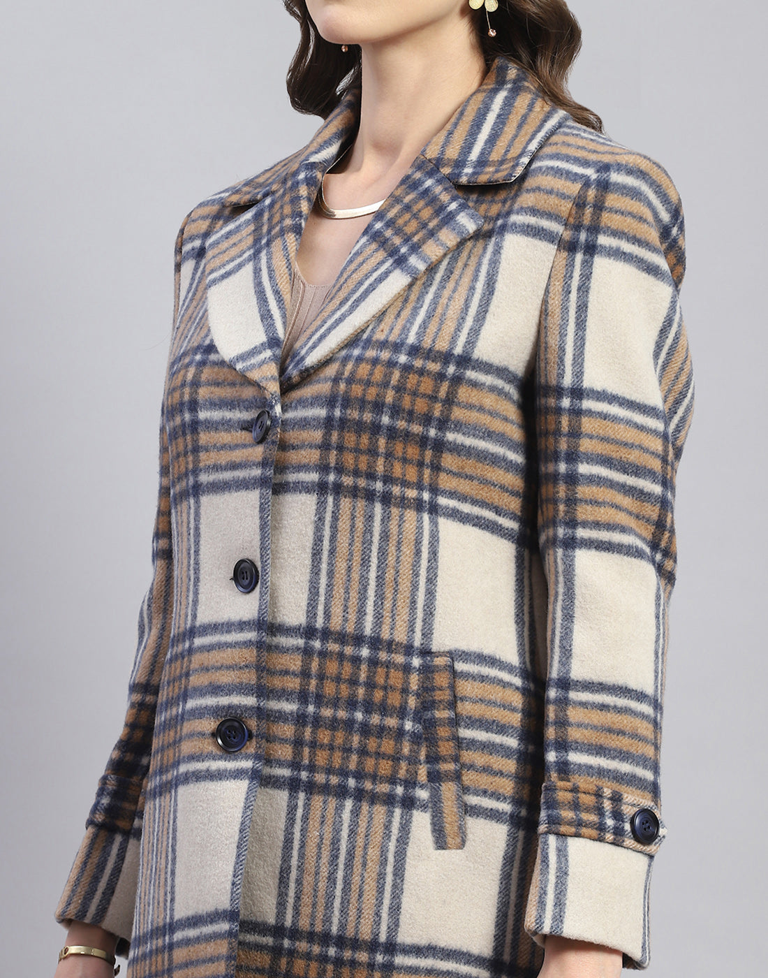 Women Brown Check Lapel Collar Full Sleeve Coat