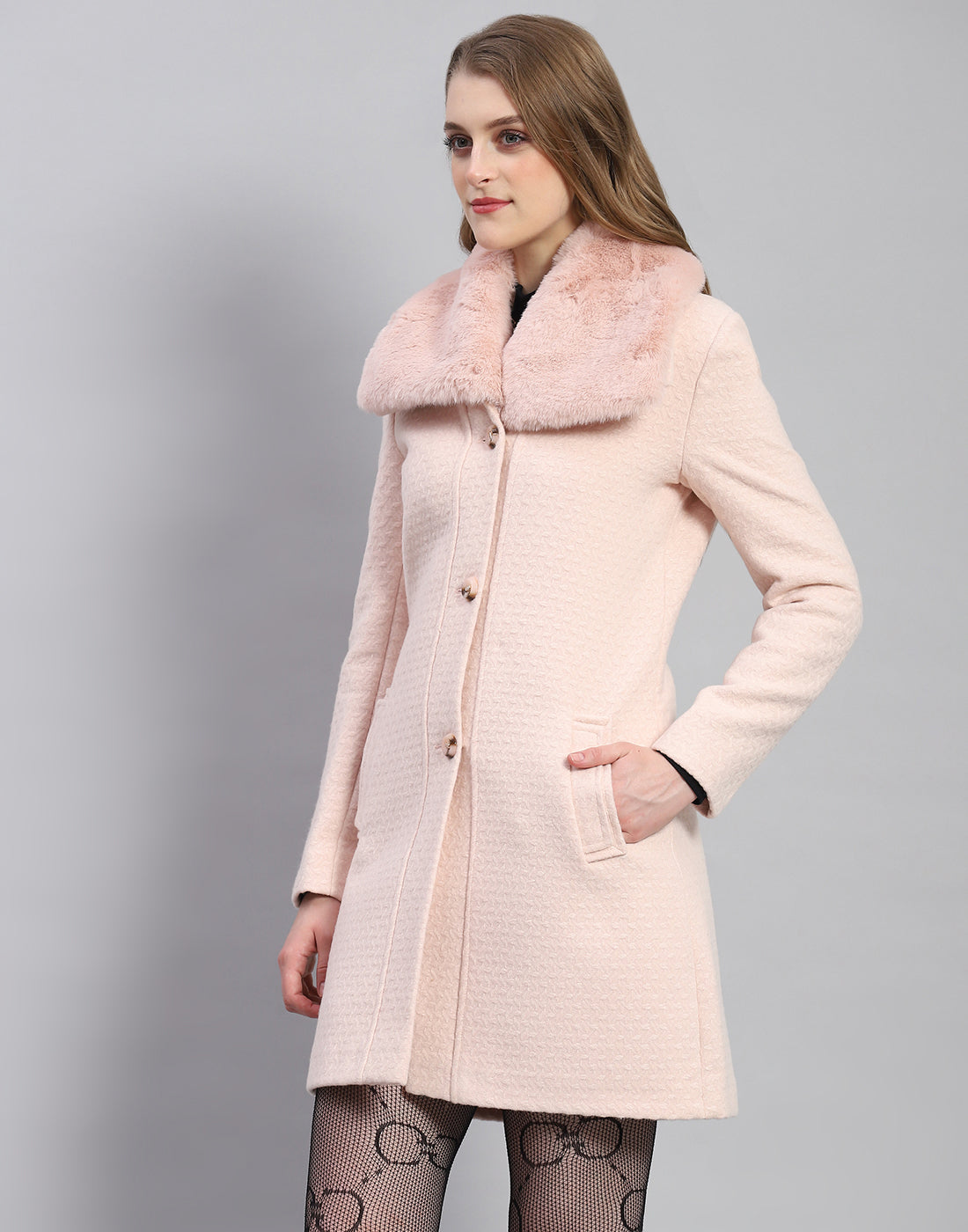 Women Pink Self Design Collar Full Sleeve Coat