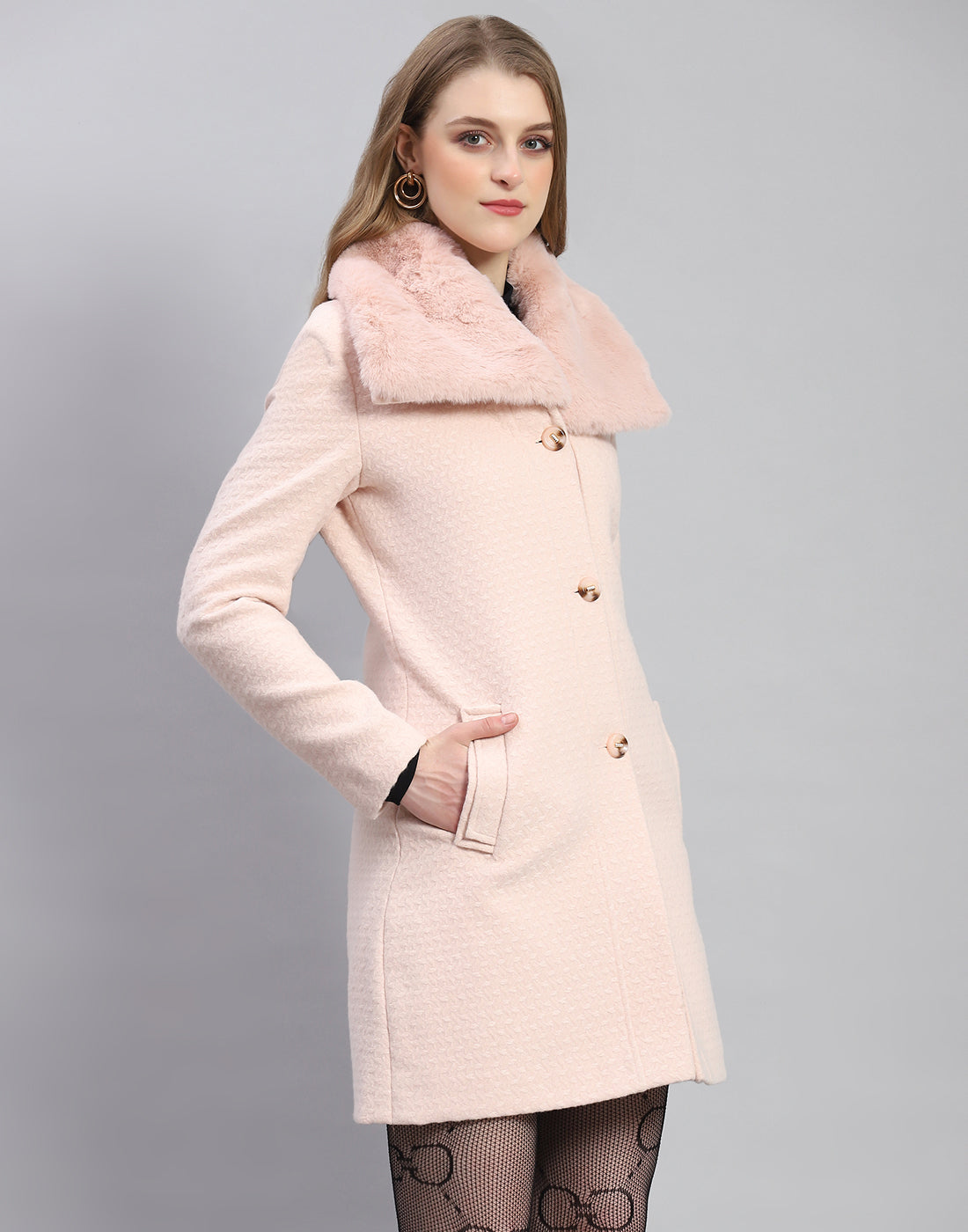 Women Pink Self Design Collar Full Sleeve Coat