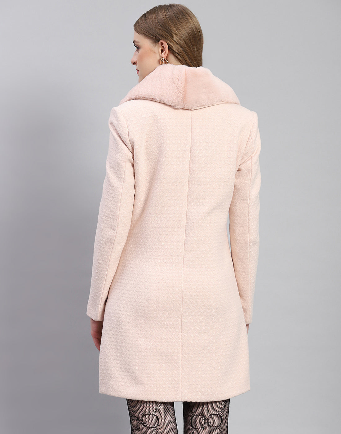 Women Pink Self Design Collar Full Sleeve Coat