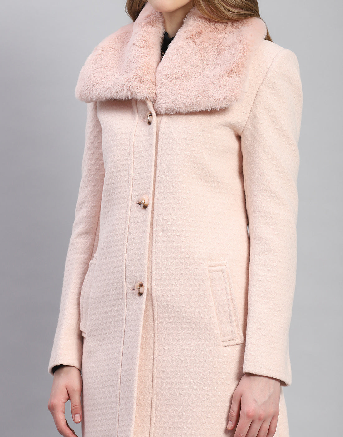 Women Pink Self Design Collar Full Sleeve Coat