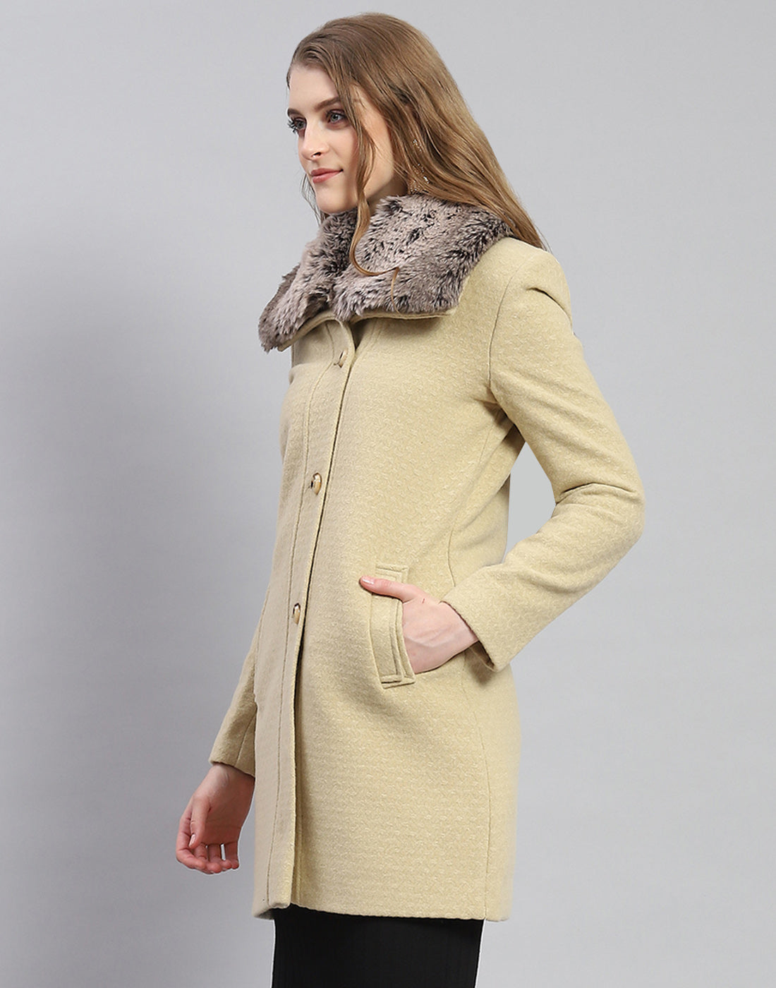 Women Beige Self Design Collar Full Sleeve Coat