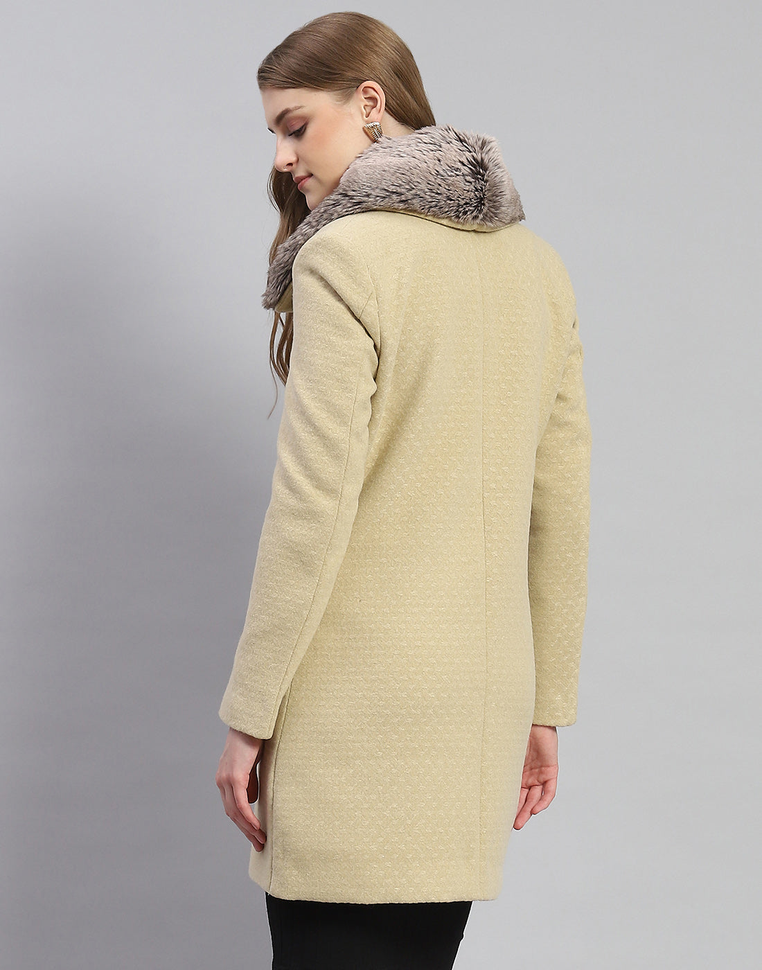 Women Beige Self Design Collar Full Sleeve Coat