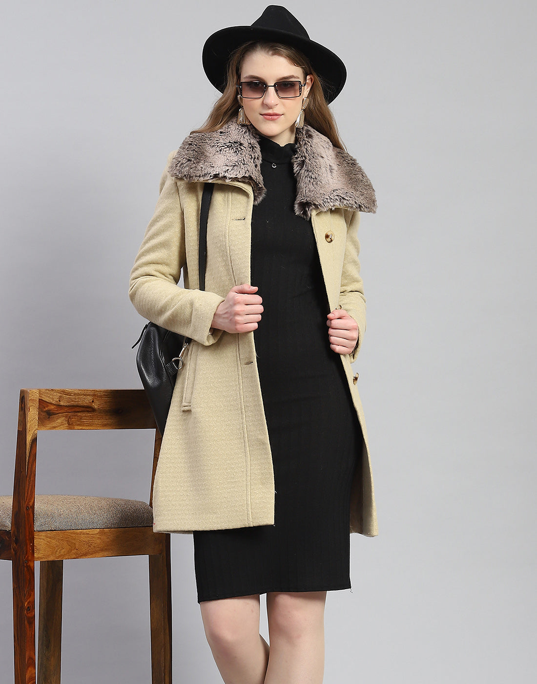 Women Beige Self Design Collar Full Sleeve Coat