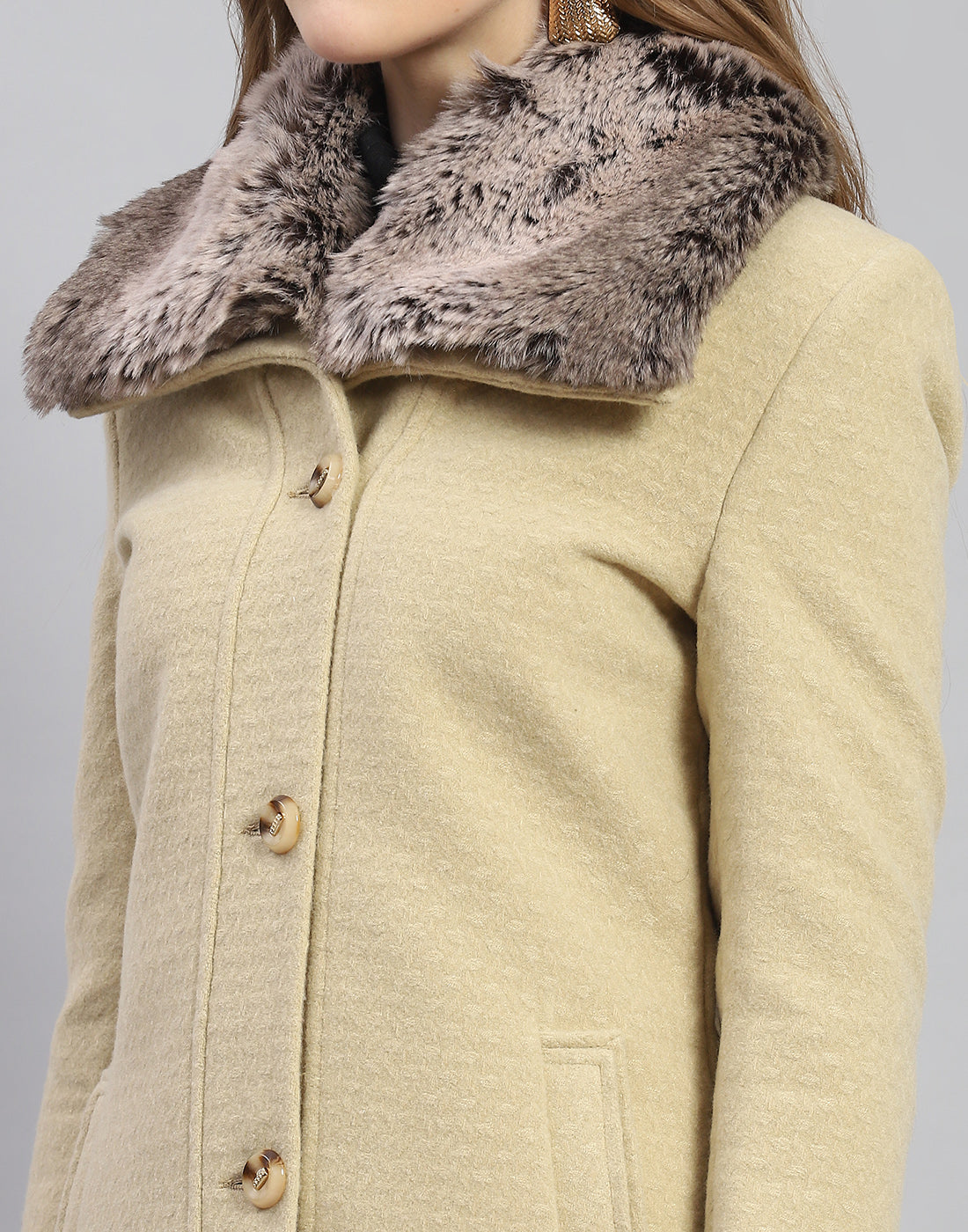 Women Beige Self Design Collar Full Sleeve Coat