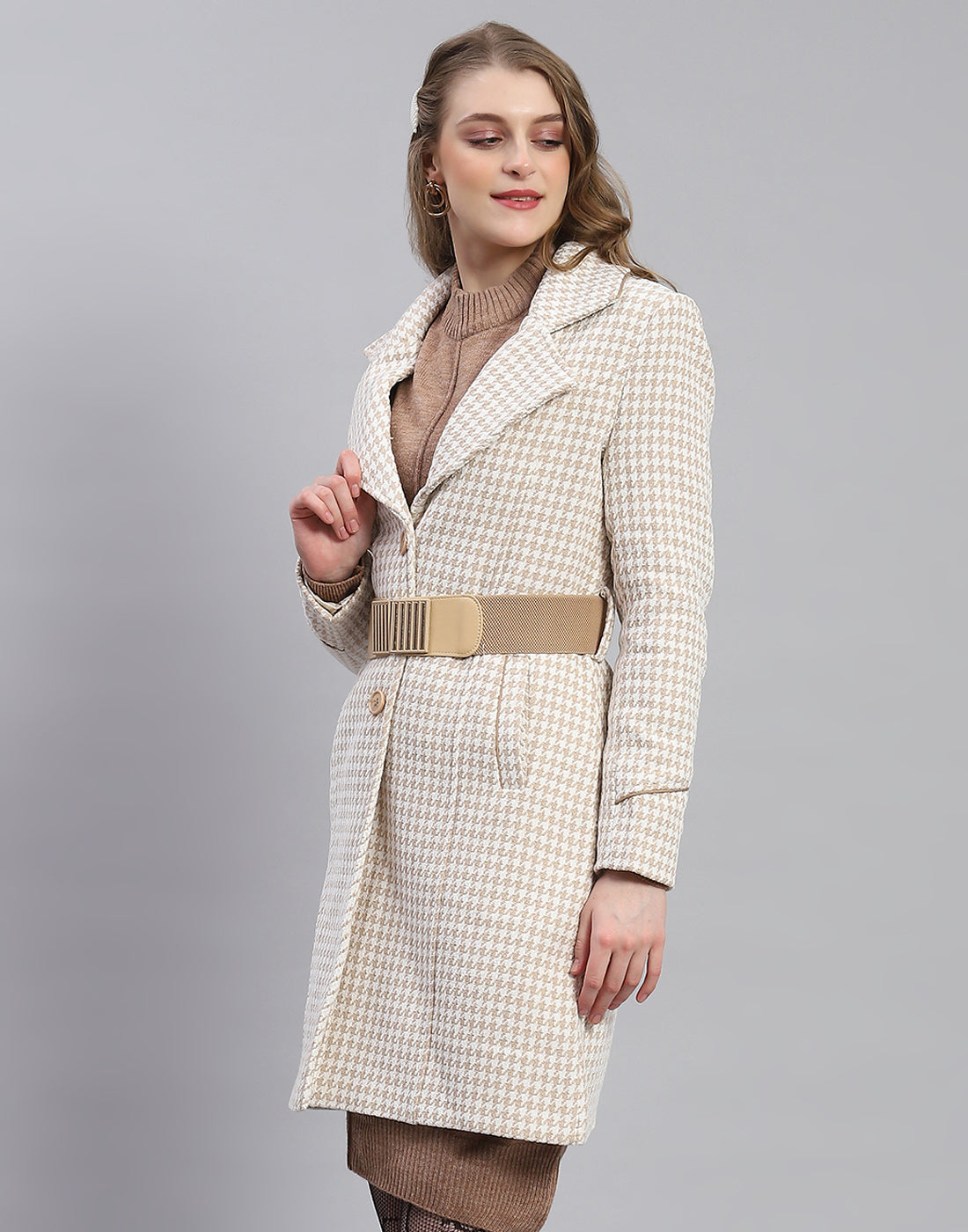 Women Beige Self Design Lapel Collar Full Sleeve Coat