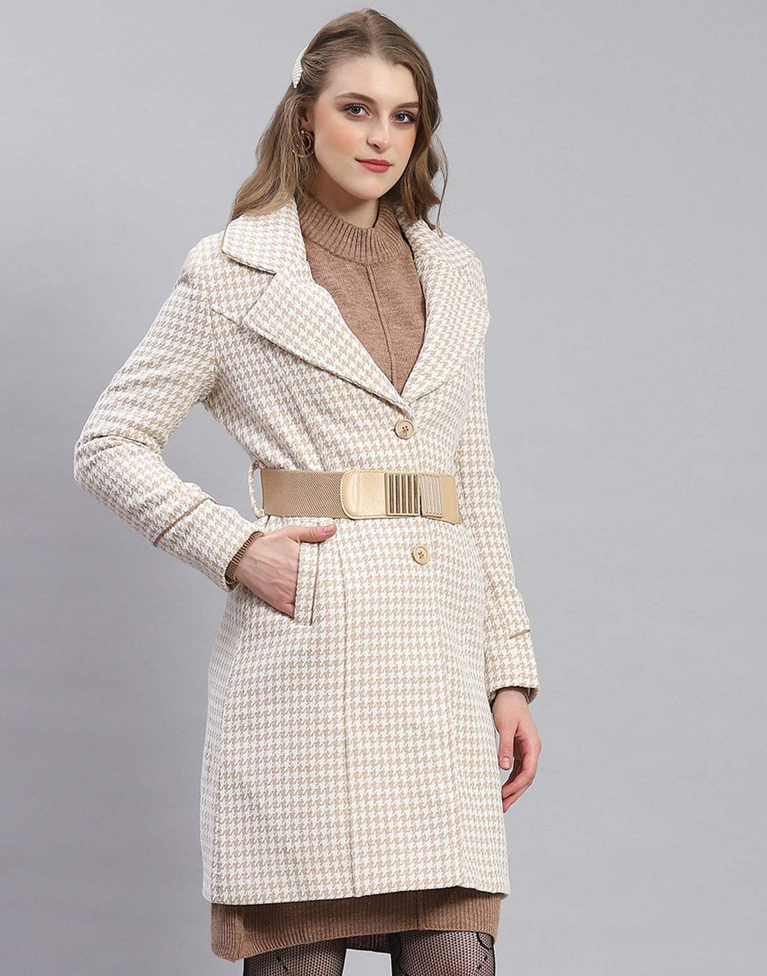 Women Beige Self Design Lapel Collar Full Sleeve Coat