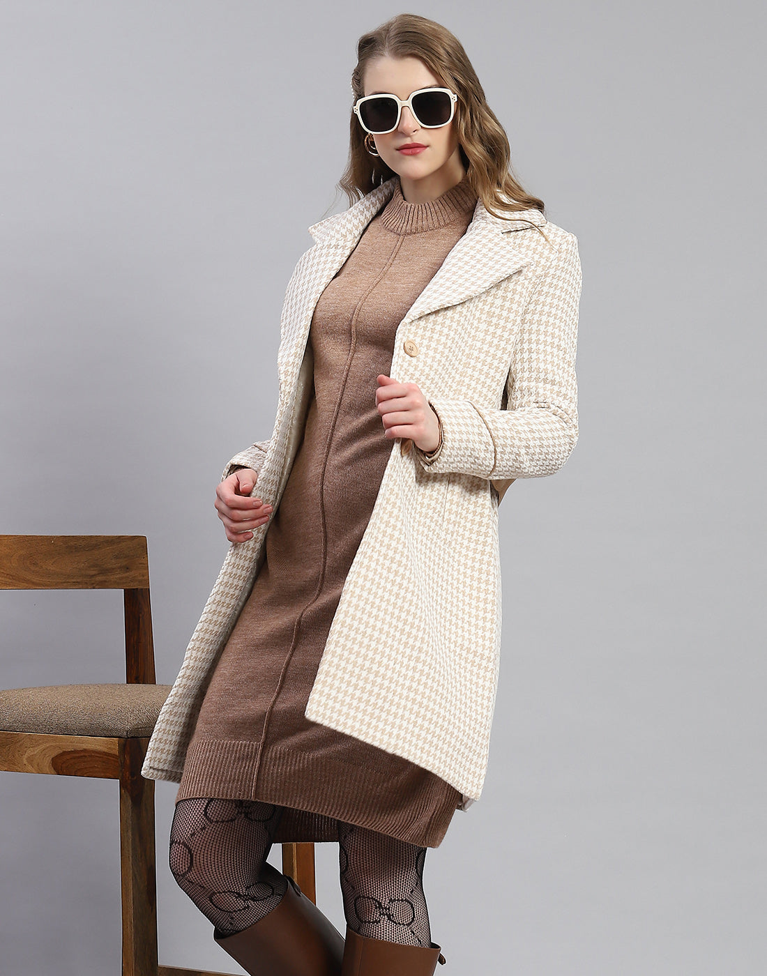 Women Beige Self Design Lapel Collar Full Sleeve Coat