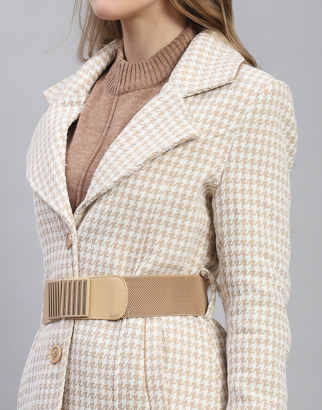 Women Beige Self Design Lapel Collar Full Sleeve Coat