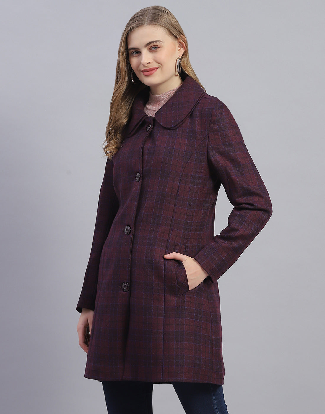 Women Purple Check Collar Full Sleeve Coat