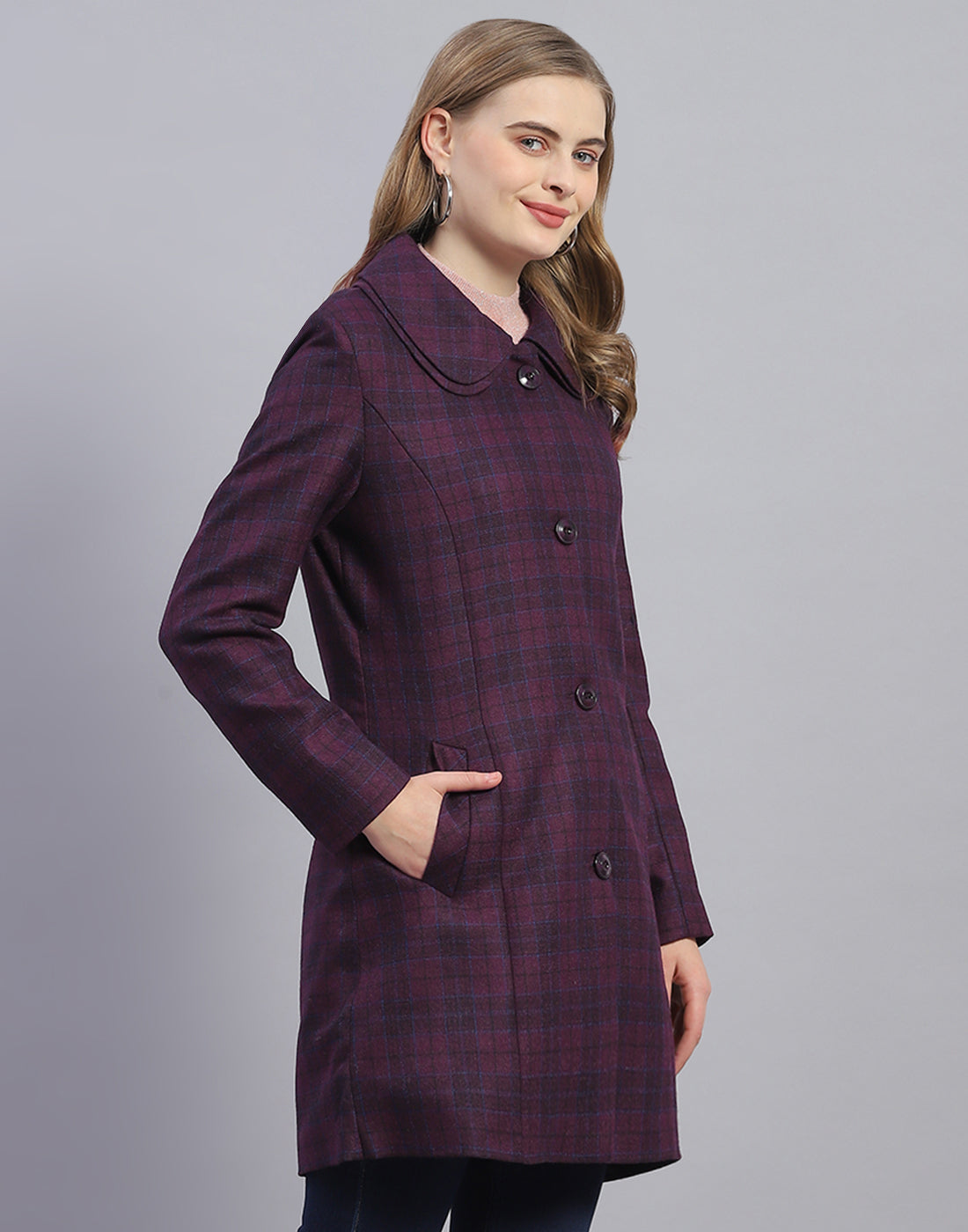 Women Purple Check Collar Full Sleeve Coat